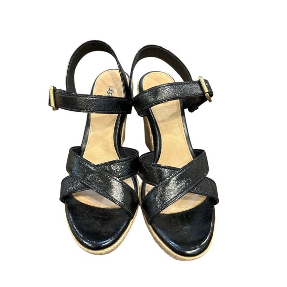 UGG Cloverdale BLACK Leather Upper STRAPPY CORK WEDGE Sandals Sz 8 Pre-Owned - Picture 1 of 6
